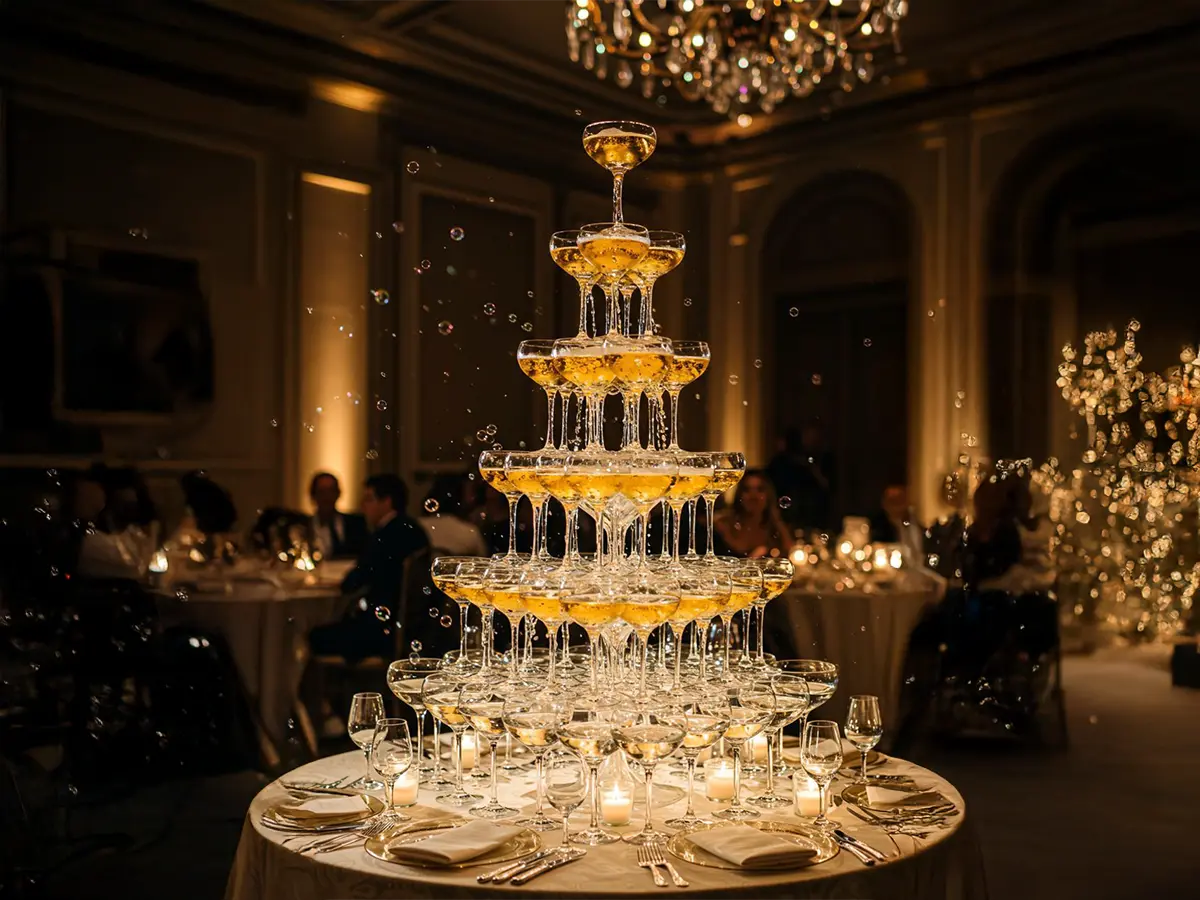 Piramidă de șampanie elegantă pentru evenimente de lux Infinity Luxury Events