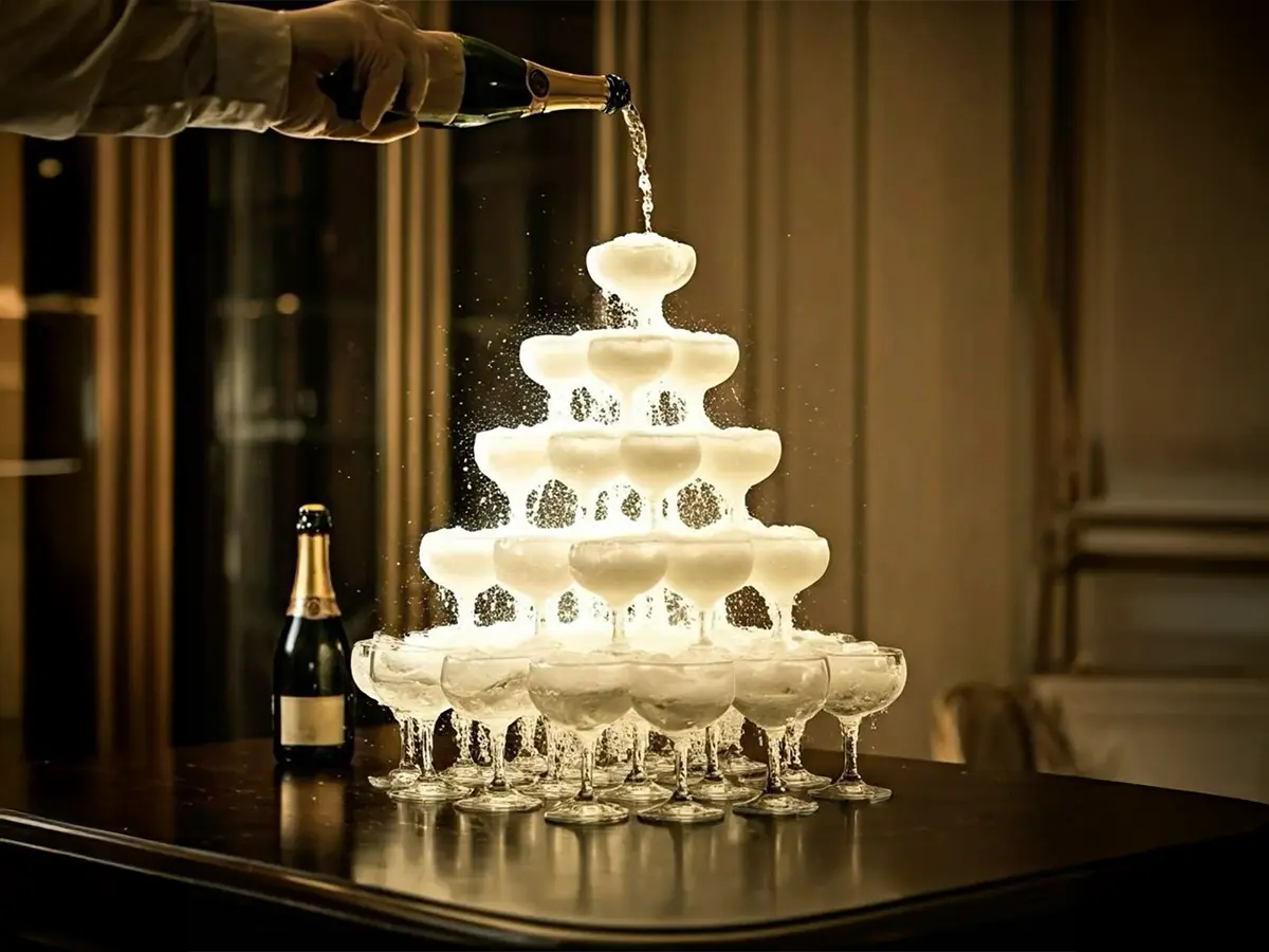 Piramidă de șampanie elegantă pentru evenimente de lux - Infinity Luxury Events